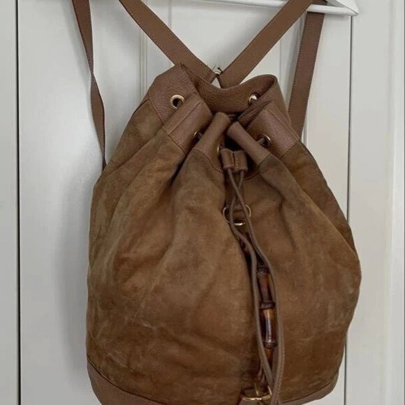 Bamboo Suede Leather Backpack Brown Drawstring Rucksack Bag - Picture 1 of 7